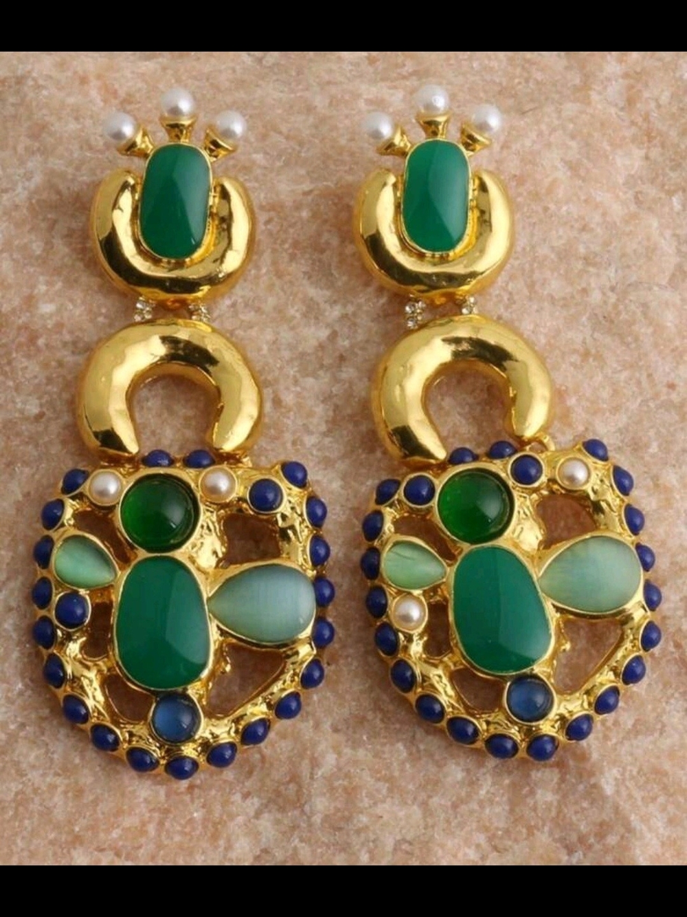 Gold-Plated Green & Blue Statement Drop Earrings